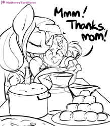 Size: 2000x2300 | Tagged: safe, artist:mulberrytarthorse, oc, oc only, oc:mulberry tart, oc:southern smorgasbord, species:pony, daughter, feast, female, filly, food, morgpie, mother, patreon, patreon logo, ponies eating meat