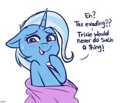 Size: 659x554 | Tagged: safe, artist:higgly-chan, character:trixie, species:pony, species:unicorn, blatant lies, blushing, cute, dialogue, diatrixes, female, floppy ears, mare, pure unfiltered evil, seems legit, simple background, solo, sweat, sweatdrop, tax evasion, taxes, this will end in jail time, white background