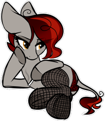 Size: 1512x1751 | Tagged: safe, artist:mulberrytarthorse, oc, oc only, species:donkey, species:pony, cigarette, clothing, female, fishnets, lace, lingerie, mare, panties, smoking, underwear