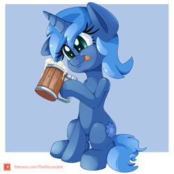 Size: 2000x2000 | Tagged: safe, artist:discorded, patreon reward, oc, oc only, oc:paamayim nekudotayim, species:pony, species:unicorn, alcohol, cider, female, mug, patreon, patreon logo, sitting, solo, tongue out