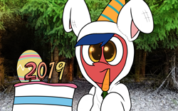 Size: 1920x1200 | Tagged: safe, artist:thebadbadger, oc, oc:phire demon, species:pony, animal costume, birthday, bunny costume, clothing, costume, easter, holiday