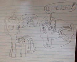 Size: 721x582 | Tagged: safe, artist:nightshadowmlp, character:twilight sparkle, character:twilight sparkle (alicorn), species:alicorn, species:pony, dialogue, female, filly, filly twilight sparkle, glowing horn, horn, implied time travel, levitation, lined paper, magic, ponidox, self ponidox, telekinesis, time paradox, traditional art, twilight is not amused, unamused, younger