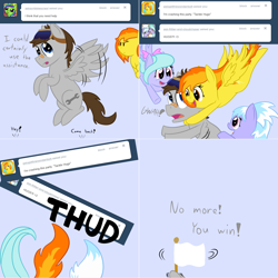 Size: 2564x2564 | Tagged: safe, artist:phoenixswift, character:cloudchaser, character:flitter, character:spitfire, oc, oc:fuselight, species:pegasus, species:pony, ask, ask fuselight, hug, male, stallion, tumblr, white flag