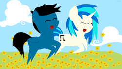 Size: 3840x2160 | Tagged: safe, artist:agkandphotomaker2000, character:dj pon-3, character:vinyl scratch, oc, oc:pony video maker, species:pegasus, species:pony, species:unicorn, canon x oc, flower field, happy, playing, pointy ponies, running, videoscratch
