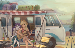 Size: 2700x1751 | Tagged: safe, artist:tcn1205, character:applejack, character:rarity, character:winona, species:human, ship:rarijack, my little pony:equestria girls, clothing, cute, female, humanized, jackabetes, lesbian, microbus, pony coloring, raribetes, ring, scenery, shipping, smiling, van, volkswagen, volkswagen transporter, volkswagen type 2, wedding ring, winonabetes