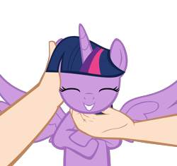 Size: 10417x9775 | Tagged: safe, artist:mrkat7214, character:twilight sparkle, character:twilight sparkle (alicorn), species:alicorn, species:human, species:pony, absurd resolution, chin scratch, cute, eyes closed, female, grin, hand, human on pony petting, mare, offscreen character, offscreen human, petting, pov, show accurate, simple background, smiling, spread wings, transparent background, twiabetes, vector, wings