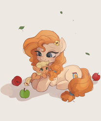Size: 1411x1700 | Tagged: safe, artist:tcn1205, character:applejack, character:pear butter, species:earth pony, species:pony, apple, cute, dawwww, ear fluff, female, filly, filly applejack, flower, flower in hair, food, jackabetes, mare, mother, mother and daughter, pearabetes, weapons-grade cute, younger