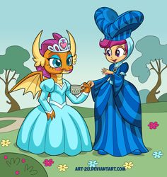 Size: 992x1052 | Tagged: safe, artist:art-2u, character:scootaloo, character:smolder, species:dragon, species:pegasus, species:pony, my little pony:equestria girls, clothing, cup, cute, cutealoo, dragoness, dress, duo, female, girly, lipstick, princess smolder, smolder also dresses in style, smolderbetes, teacup, tomboy taming