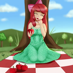 Size: 2000x2000 | Tagged: safe, artist:focusb, character:apple bloom, species:human, adorabloom, apple, clothing, cute, dress, eyes closed, female, food, fruit, humanized, open mouth, panty line, picnic, picnic blanket, see-through, solo