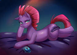 Size: 840x600 | Tagged: safe, artist:tzc, character:fizzlepop berrytwist, character:tempest shadow, species:pony, species:unicorn, my little pony: the movie (2017), bedroom eyes, blushing, broken horn, cute, female, hoof on cheek, horn, mare, prone, smiling, smirk, solo, tempestbetes