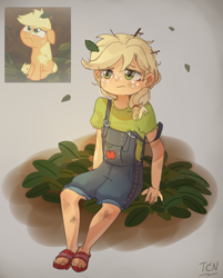 Size: 1289x1600 | Tagged: safe, artist:tcn1205, screencap, character:applejack, species:earth pony, species:human, species:pony, episode:going to seed, g4, my little pony: friendship is magic, my little pony:equestria girls, clothing, cute, dawwww, equestria girls interpretation, female, filly, foal, freckles, humanized, jackabetes, overalls, pony coloring, sandals, scene interpretation, screencap reference, that was fast, younger