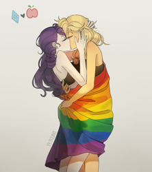 Size: 1600x1800 | Tagged: safe, artist:tcn1205, character:applejack, character:rarity, species:human, ship:rarijack, my little pony:equestria girls, clothing, cute, eyes closed, female, freckles, gay pride flag, humanized, jackabetes, kissing, lesbian, pony coloring, pride, pride flag, pride month, rainbow flag, raribetes, shipping