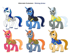 Size: 3313x2578 | Tagged: safe, artist:aeroytechyon-x, artist:pika-robo, character:big mcintosh, character:night light, character:shining armor, character:tex (g1), species:earth pony, species:pony, species:unicorn, g1, g4, alternate costumes, armor, g1 to g4, generation leap, male, palette swap, recolor, royal guard, salty (g1), simple background, stallion, transparent background, vector