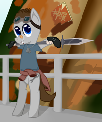 Size: 1280x1530 | Tagged: safe, artist:phoenixswift, oc, oc:fuselight, species:pegasus, species:pony, ask fuselight, bipedal, cid highwind, clothing, cosplay, costume, final fantasy, final fantasy vii, leaning, male, solo, stallion, sword, weapon