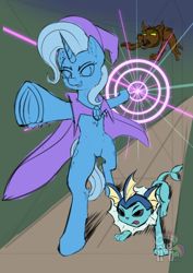 Size: 574x811 | Tagged: safe, artist:cafecomponeis, character:trixie, species:pony, species:unicorn, attack, cape, clothing, colored sketch, crossover, hat, magic, perspective, pokémon, timber wolf, trixie's cape, trixie's hat, vaporeon, ych example, your character here