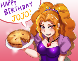 Size: 800x627 | Tagged: safe, artist:tzc, character:adagio dazzle, species:human, clothing, commission, female, food, happy birthday, humanized, looking at you, open mouth, pie, solo
