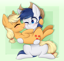 Size: 1240x1200 | Tagged: safe, artist:higgly-chan, character:applejack, oc, oc:constance everheart, species:pony, canon x oc, carrying, everjack, female, licking, male, not shining armor, shipping, smiling, straight, tongue out