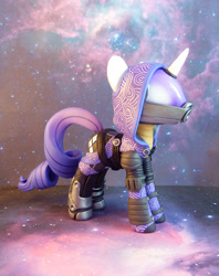 Size: 672x850 | Tagged: safe, artist:krowzivitch, character:rarity, species:pony, species:unicorn, armor, female, figurine, fusion, hidden face, hood, mare, mass effect, ponified, quarian, solo, starry backdrop, tali'zorah vas normandy