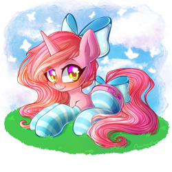 Size: 894x894 | Tagged: safe, artist:chaosangeldesu, oc, oc only, oc:candy heart, species:pony, species:unicorn, bow, clothing, cute, female, grass, hair bow, looking at you, mare, sky, socks, solo, striped socks, tail bow