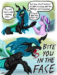 Size: 720x937 | Tagged: safe, artist:texasuberalles, character:queen chrysalis, character:starlight glimmer, species:changeling, species:pony, species:unicorn, episode:to where and back again, g4, my little pony: friendship is magic, changeling queen, comic, dialogue, duo, fangs, female, mare, open mouth, speech bubble, tongue out