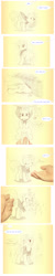 Size: 1127x5668 | Tagged: safe, artist:sherwoodwhisper, oc, oc only, oc:eri, butterfly, carrot, comic, dialogue, eating, food, hiding, thumbnail is a stick, traditional art
