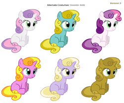 Size: 3600x3000 | Tagged: safe, artist:pika-robo, artist:stinkehund, character:baby sunny daze, character:dinky hooves, character:sun glimmer, character:sweetie belle, character:sweetie belle (g3), species:pony, species:unicorn, g3, alternate costumes, female, filly, foal, g3 to g4, generation leap, palette swap, recolor, simple background, sweetie gold, transparent background, vector