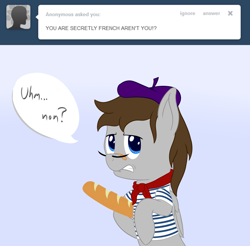 Size: 1280x1258 | Tagged: safe, artist:phoenixswift, oc, oc:fuselight, species:pegasus, species:pony, ask fuselight, baguette, beret, bread, clothing, food, french, hat, male, shirt, solo, stallion