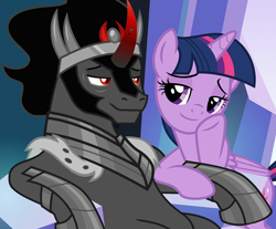 Size: 870x720 | Tagged: safe, artist:osipush, edit, edited screencap, editor:ah96, screencap, character:king sombra, character:twilight sparkle, character:twilight sparkle (alicorn), species:alicorn, species:pony, species:unicorn, ship:twibra, episode:the beginning of the end, episode:the saddle row review, g4, my little pony: friendship is magic, cropped, female, lidded eyes, male, mare, shipping, sitting, smiling, sombra gets all the mares, stallion, straight, stupid sexy sombra