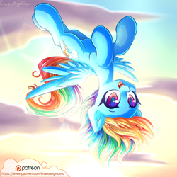 Size: 1100x1100 | Tagged: safe, artist:chaosangeldesu, character:rainbow dash, species:pegasus, species:pony, backwards cutie mark, cloud, cute, dashabetes, female, flying, looking at you, mare, patreon, patreon logo, solo, spread wings, upside down, wings