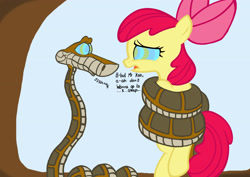 Size: 3508x2480 | Tagged: safe, artist:mistydash, character:apple bloom, species:pony, coils, dialogue, imminent vore, kaa, kaa eyes, mind control, peril, snake, this will not end well