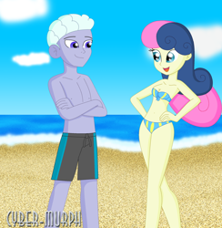 Size: 2116x2168 | Tagged: safe, artist:cyber-murph, character:bon bon, character:sweetie drops, oc, oc:night train, my little pony:equestria girls, beach, belly button, bikini, breasts, canon x oc, cleavage, clothing, commission, female, hand on hip, male, midriff, ocean, signature, straight, swimsuit