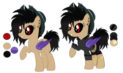 Size: 3201x1905 | Tagged: safe, artist:pegasski, artist:rukemon, base used, oc, oc only, oc:midnight spurs, species:bat pony, species:demon pony, species:pony, bat pony oc, black sclera, boots, chaps, clothing, coat, colored sclera, cowboy boots, cowboy hat, demon, ear piercing, earring, female, hat, jewelry, mare, original species, pants, piercing, raised hoof, red eyes, reference sheet, shoes, simple background, smiling, solo, transparent background