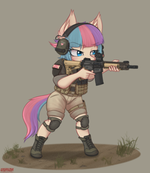Size: 1810x2099 | Tagged: safe, alternate version, artist:orang111, oc, oc only, oc:sugar muffin, species:anthro, species:earth pony, species:pony, anthro oc, ar15, assault rifle, boots, clothing, earmuffs, female, gun, knee pads, rifle, shoes, solo, trigger discipline, weapon
