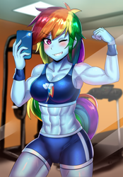Size: 800x1148 | Tagged: safe, artist:tzc, character:rainbow dash, g4, my little pony:equestria girls, abs, anime, armpits, breasts, busty rainbow dash, clothing, commission, female, gym, midriff, muscles, muscular female, one eye closed, rainbuff dash, selfie, solo, sports bra, sweat, wink, workout outfit