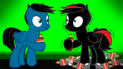 Size: 3840x2160 | Tagged: safe, artist:agkandphotomaker2000, oc, oc:arnold the pony, oc:pony video maker, species:pegasus, species:pony, hyperactive, jitters, needs more saturation, red and black oc, soda, soda bottle, sugar rush