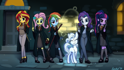 Size: 5702x3205 | Tagged: safe, artist:lunebat, character:fluttershy, character:rainbow dash, character:rarity, character:sunset shimmer, character:twilight sparkle, my little pony:equestria girls, clothing, crossover, fanfic art, group, gryffindor, harry potter, high heels, mary janes, pants, patronus, pleated skirt, robe, shoes, skirt, socks