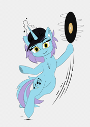 Size: 614x868 | Tagged: safe, artist:cafecomponeis, artist:xgalacticxstudios18x, derpibooru original, oc, oc only, oc:jazzy notes, species:pony, species:unicorn, cap, clothing, collaboration, colored, dancing, disc jockey, exhibitionism, flat colors, happy, hat, looking at you, magic, simple background, solo, underhoof