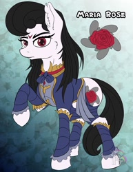 Size: 900x1163 | Tagged: safe, artist:cafecomponeis, oc, oc only, oc:maria rose, species:pony, abstract background, clothing, dress, flower, looking at you, red eyes, ribbon, rose