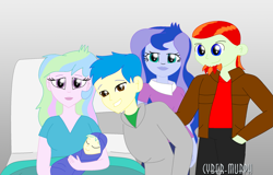 Size: 2441x1560 | Tagged: safe, artist:cyber-murph, character:princess celestia, character:princess luna, character:principal celestia, character:vice principal luna, oc, oc:argent radiance, oc:gemini blaze, oc:sunspot aurora, my little pony:equestria girls, bed, commission, family, family photo, gradient background, hospital bed, hospital gown, hospital room, momlestia, mother and son, newborn, smiling, swaddling, vice principal luna