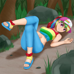 Size: 2000x2000 | Tagged: safe, artist:focusb, character:rainbow dash, species:human, equestria girls:spring breakdown, g4, my little pony: equestria girls, my little pony:equestria girls, spoiler:eqg series (season 2), clothing, feet, female, front knot midriff, human coloration, humanized, looking at you, midriff, sandals, sexy, solo, stupid sexy rainbow dash