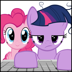 Size: 2000x2000 | Tagged: safe, artist:mrkat7214, character:pinkie pie, character:twilight sparkle, species:earth pony, species:pegasus, species:pony, comic:twilight vs. computer, earth pony twilight, keyboard, messy mane, pegasus pinkie pie, race swap, simple background, white background