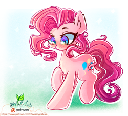 Size: 1100x994 | Tagged: safe, artist:chaosangeldesu, character:pinkie pie, species:earth pony, species:pony, alternate hairstyle, cheek fluff, chest fluff, cute, diapinkes, ear fluff, female, freckles, leg fluff, looking at something, mare, patreon, patreon logo, plant, solo