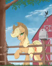 Size: 2000x2500 | Tagged: safe, artist:skitsroom, character:applejack, species:earth pony, species:pony, .psd available, applejack's hat, barn, clothing, cowboy hat, female, fence, grass, hat, looking at you, mailbox, mare, outdoors, smiling, solo, tree