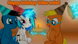Size: 3840x2160 | Tagged: safe, artist:agkandphotomaker2000, character:dj pon-3, character:vinyl scratch, oc, oc:pony video artist, oc:pony video maker, species:earth pony, species:pegasus, species:pony, species:unicorn, birthday, birthday card, canon x oc, clothing, food, glasses, hat, levitation, magic, moments before disaster, party hat, pie, pied, telekinesis, videoscratch