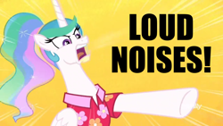 Size: 1366x768 | Tagged: safe, artist:supra80, edit, edited screencap, screencap, character:princess celestia, episode:between dark and dawn, g4, my little pony: friendship is magic, alternate hairstyle, anchorman, angry, clothing, discovery family logo, female, hawaiian shirt, loud noises, meme, pointing, ponytail, rage, shirt, simple background, solo, text, yelling, yellow background