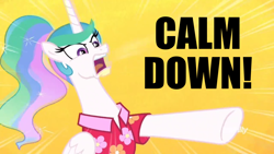 Size: 1366x768 | Tagged: safe, artist:supra80, edit, edited screencap, screencap, character:princess celestia, episode:between dark and dawn, g4, my little pony: friendship is magic, alternate hairstyle, angry, calm down, clothing, discovery family logo, female, hawaiian shirt, meme, pointing, ponytail, rage, shirt, simple background, solo, text, yelling, yellow background