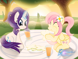 Size: 8000x6000 | Tagged: safe, artist:nightmaremoons, character:fluttershy, character:rarity, ship:rarishy, alternate hairstyle, cute, female, flower, flower in hair, food, friendshipping, juice, lesbian, picnic, raribetes, sandwich, shipping, shyabetes, sunset, tree