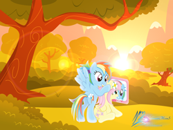 Size: 8000x6000 | Tagged: safe, artist:nightmaremoons, character:fluttershy, character:rainbow dash, species:pony, absurd resolution, duo, flower, flower in hair, lens flare, scenery, spread wings, sunset, tree, wings