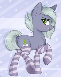 Size: 960x1200 | Tagged: safe, artist:higgly-chan, character:limestone pie, species:earth pony, species:pony, abstract background, blushing, clothing, cute, dock, female, limabetes, looking at you, mare, open mouth, profile, raised hoof, socks, solo, striped socks, thigh highs, underhoof