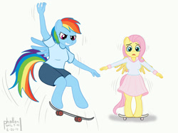 Size: 1200x898 | Tagged: safe, artist:phallen1, character:fluttershy, character:rainbow dash, species:anthro, species:unguligrade anthro, newbie artist training grounds, atg 2019, clothing, female, jumping, shirt, shorts, skateboard, skirt, t-shirt